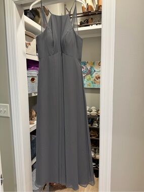 Azazie Gray Chiffon Maxi Dress with Sheer Straps